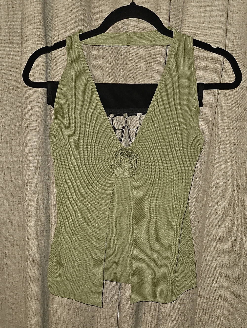 Olive Green Ribbed Halter V-Neck Tank with Flower Accent - Picture 1 of 5